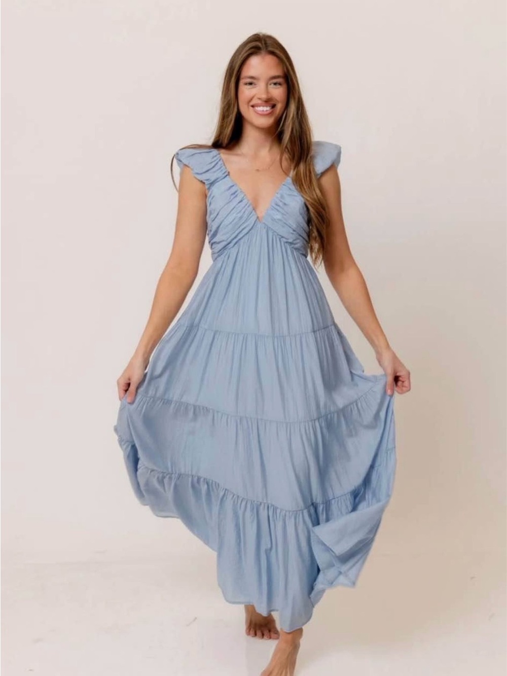 Light Blue Tiered Maxi Dress with Ruffle Cap Sleeves